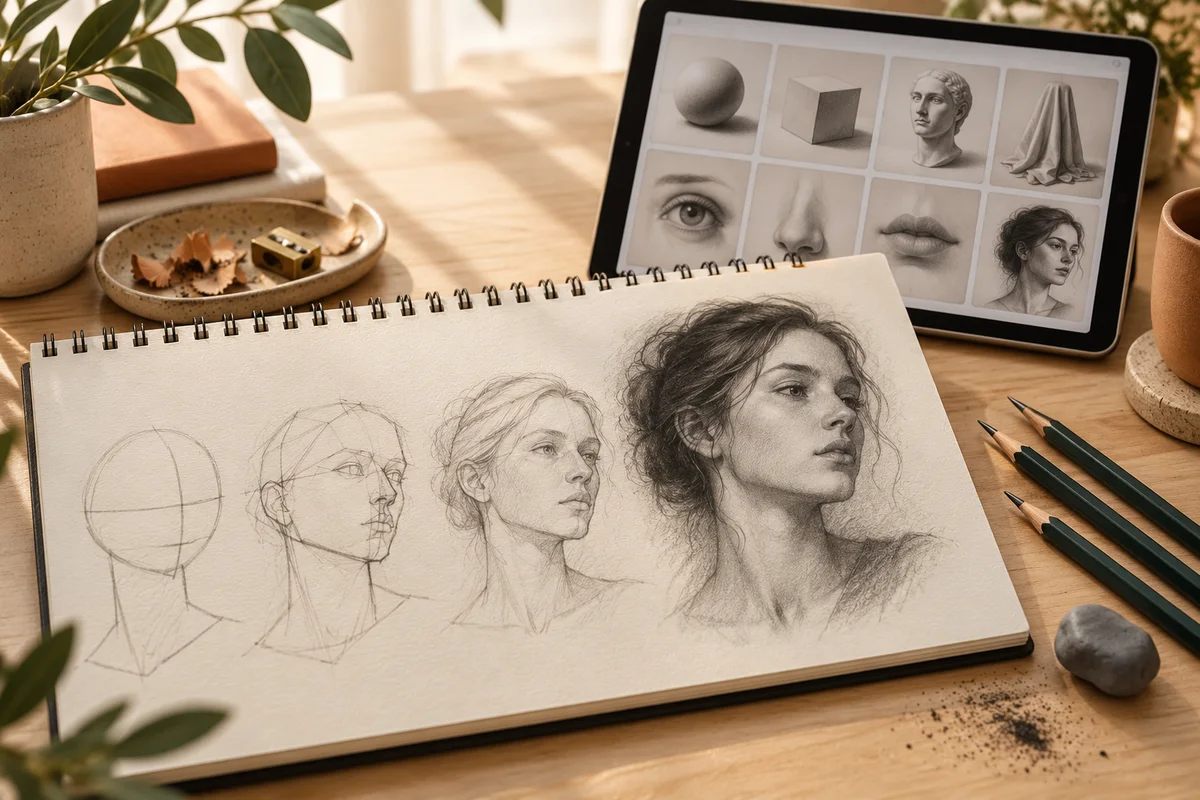 Cuaderno que muestra el progreso desde formas básicas hasta un retrato realista a lápiz